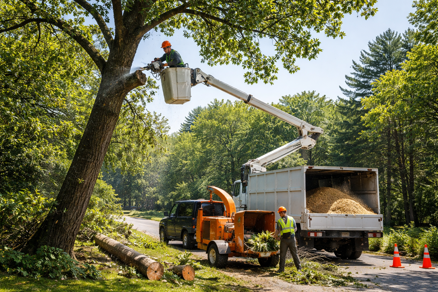 Des élagueurs travaillent à l'aide d'une nacelle élévatrice.