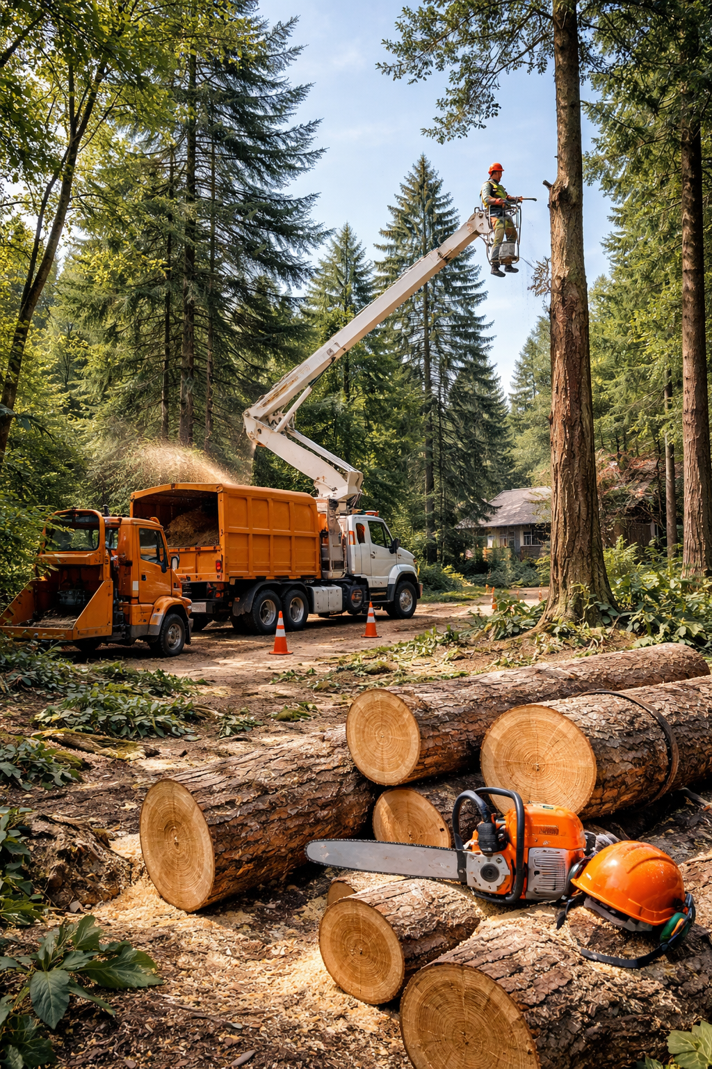 taille un arbre ; une déchiqueteuse de branches est visible en arrière-plan, des bûches et une tronçonneuse au premier plan.