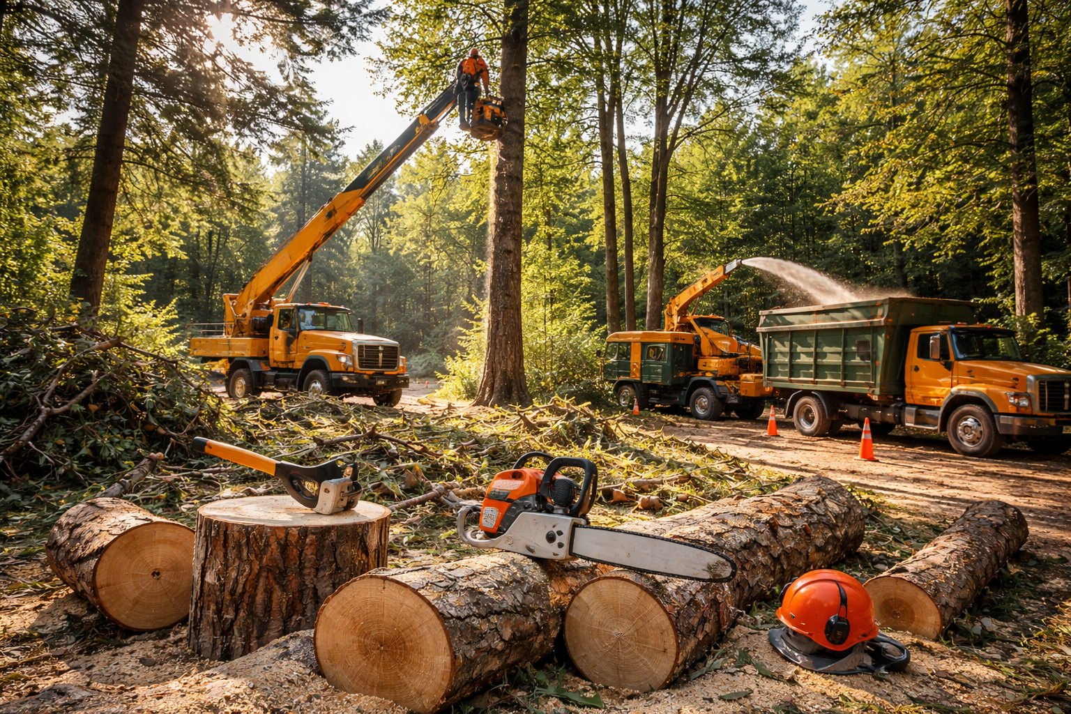 Opération d'abattage d'arbres en milieu forestier : camions, tronçonneuses et grumes.