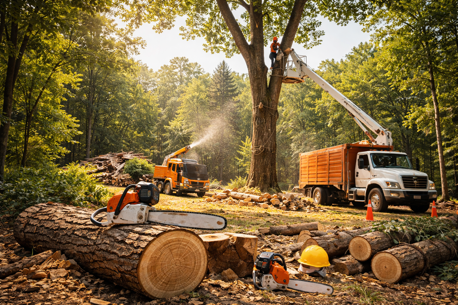 dans une nacelle élague un arbre, broyeur de branches, bûches, camion, tronçonneuses, équipement de sécurité.