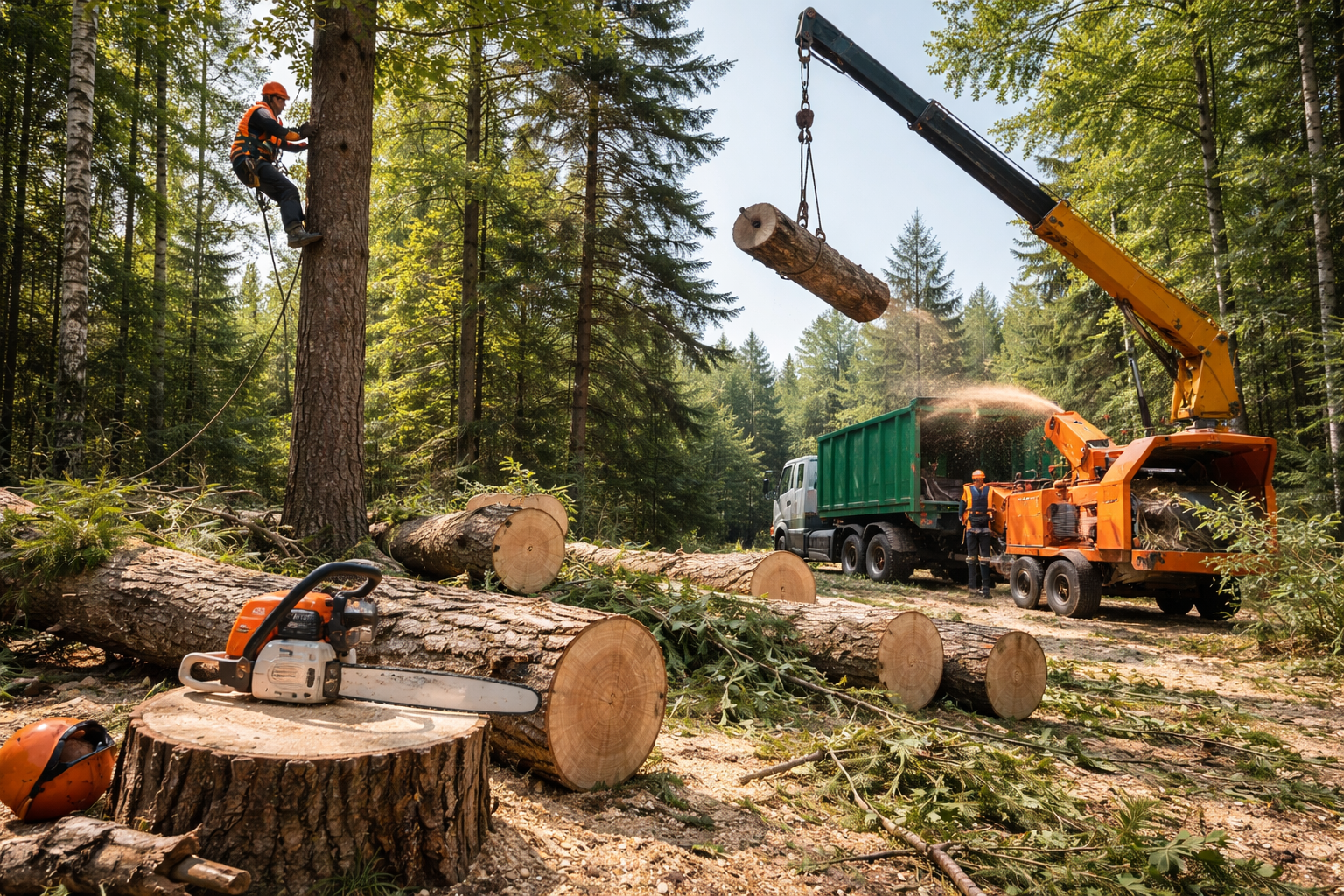 Opération d'abattage d'arbres : une grue charge des grumes sur un camion ; un ouvrier se trouve dans l'arbre.