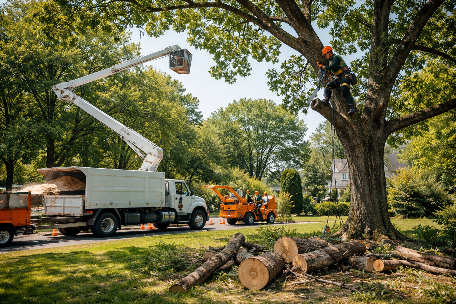Un grand arbre ; une déchiqueteuse et un camion interviennent sur une pelouse résidentielle.