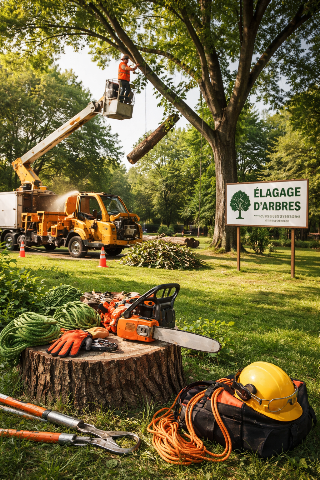 Arbre, tronçonneuse et outils au premier plan, camion à l'arrière-plan, décor verdoyant.