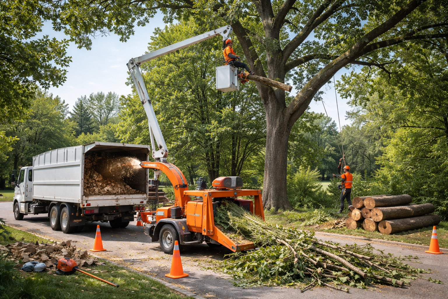 Élague un arbre et introduit les branches dans un broyeur à bois. Un camion récupère les copeaux.