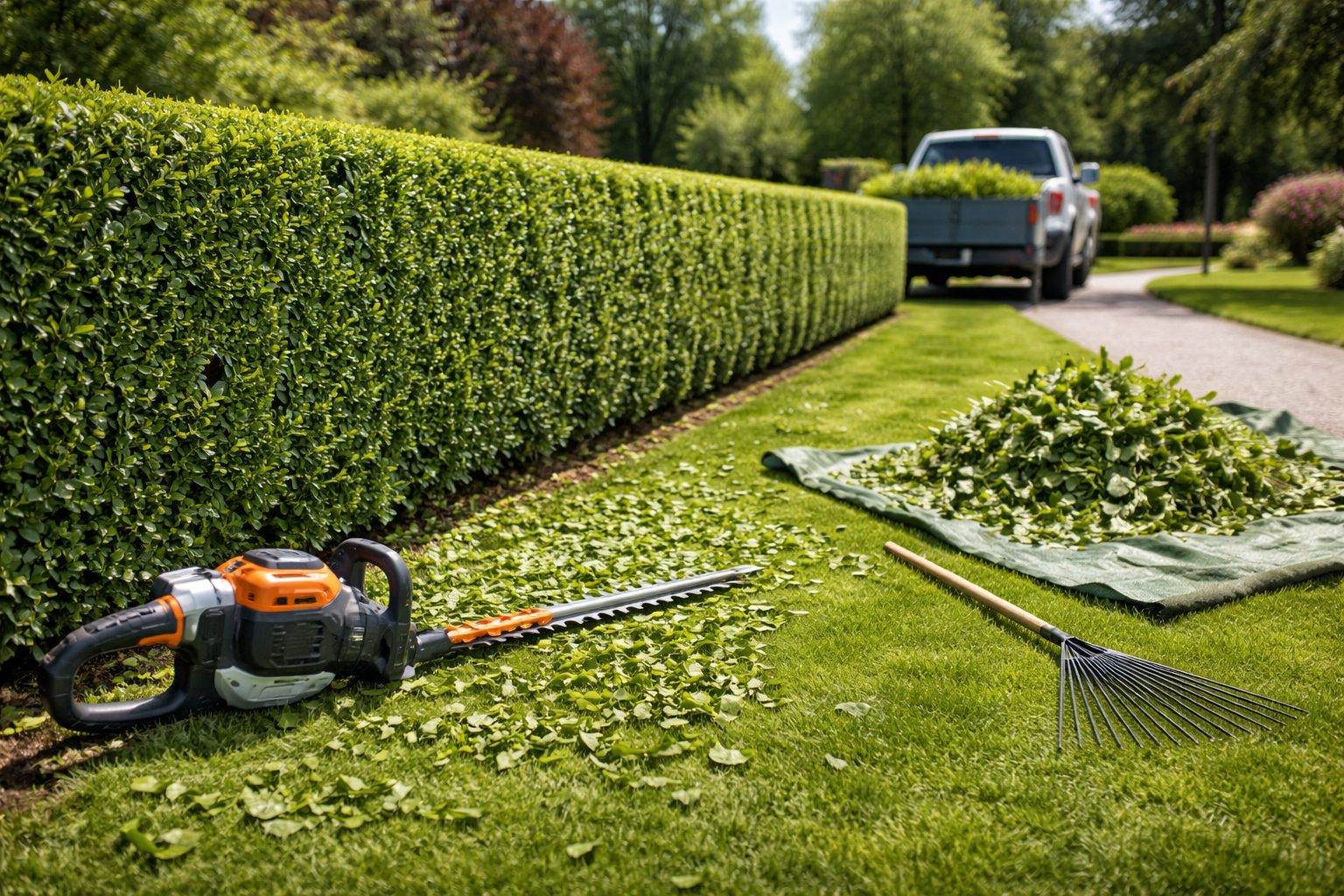 Taille-haie sur une pelouse à côté d'une haie taillée, avec des déchets de taille et un camion en arrière-plan.