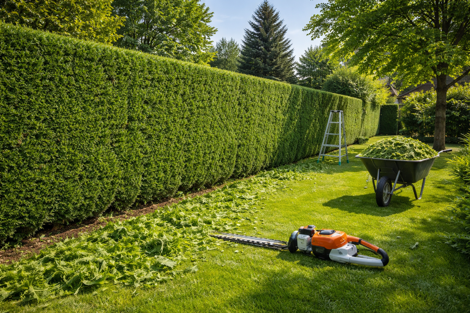 Taille d'une haie à l'aide d'outils électriques dans un jardin ensoleillé ; échelle et brouette visibles.