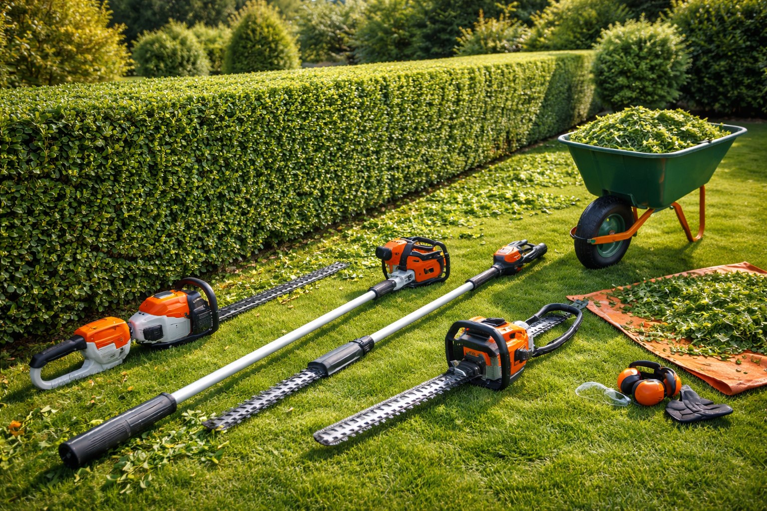 Outils de taille de haie sur de l'herbe verte, avec une haie et une brouette remplie de déchets de taille.