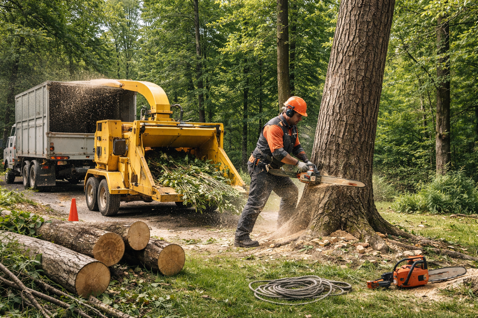 Un homme coupe un tronc d'arbre à l'aide d'une tronçonneuse, d'un broyeur de branches.