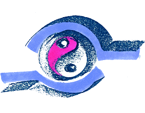 Eine Zeichnung eines rosa und weißen Yin-Yang-Symbols