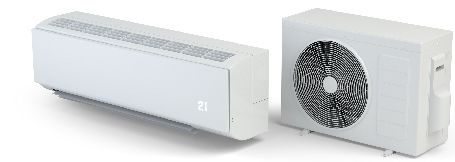 Un climatiseur mini-split sans conduit blanc avec une unité intérieure et extérieure.