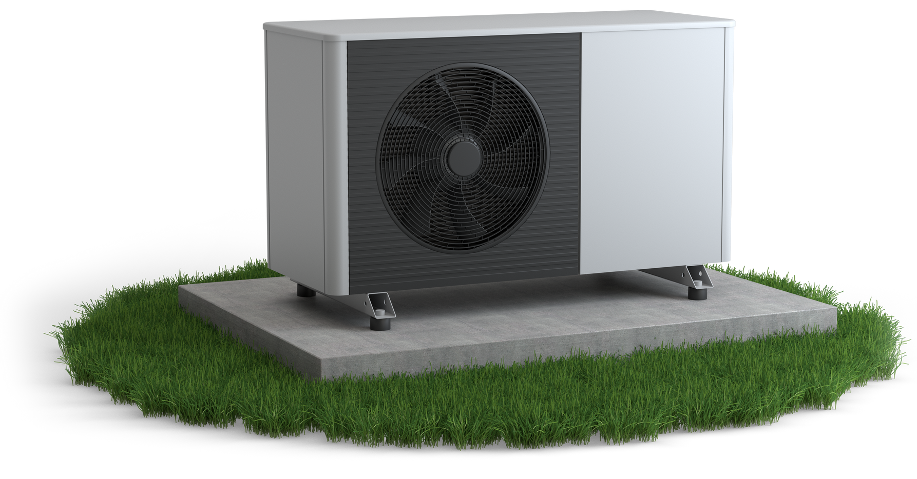 Unité de pompe à chaleur sur socle en béton, entourée de gazon.