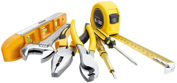 Outils à main jaunes et argentés, comprenant un niveau, une pince, un tournevis et un ruban à mesurer.