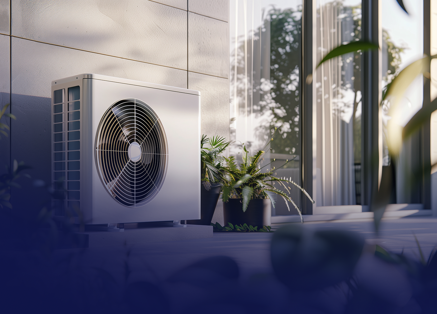 Unité de pompe à chaleur à l'extérieur d'un bâtiment moderne à proximité de plantes en pot.