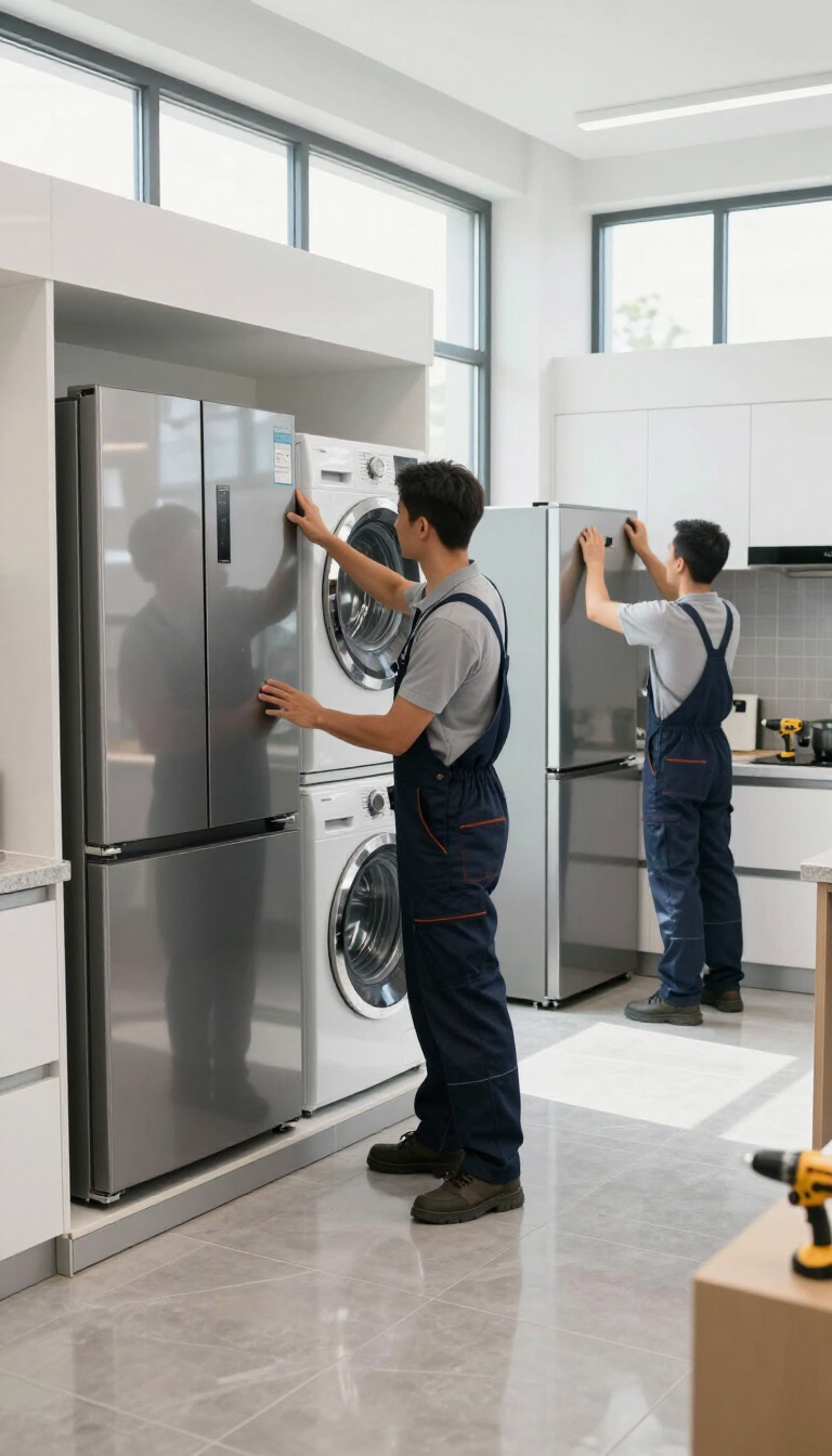 Dos trabajadores inspeccionan refrigeradores de acero inoxidable en una luminosa sala de exposición o tienda de electrodomésticos.
