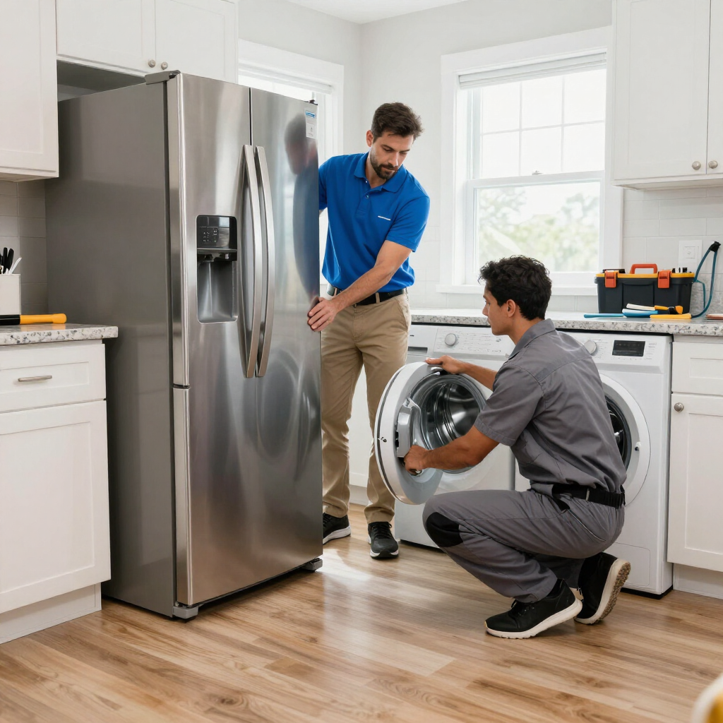Dos personas inspeccionan una lavadora de carga frontal en una cocina luminosa junto a un refrigerador de acero inoxidable.