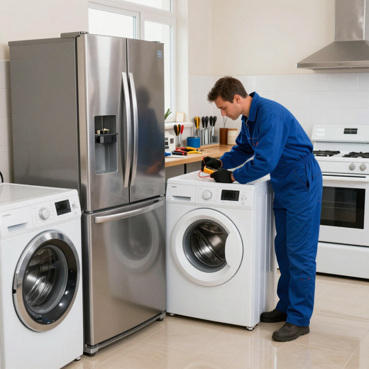 Técnico inspeccionando una lavadora blanca en una cocina luminosa con un refrigerador de acero inoxidable cerca.