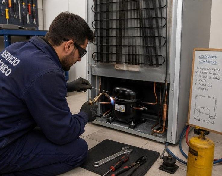 Técnico inspeccionando un refrigerador abierto con un termómetro digital en una cocina.