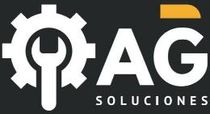 Logotipo de AG Soluciones con icono de engranaje y llave inglesa blancos, texto blanco en negrita y acento naranja sobre fondo oscuro.