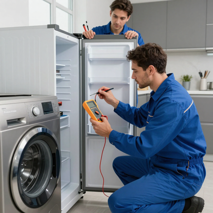 Técnicos inspeccionando un refrigerador y una lavadora abiertos con herramientas en una cocina/lavandería.