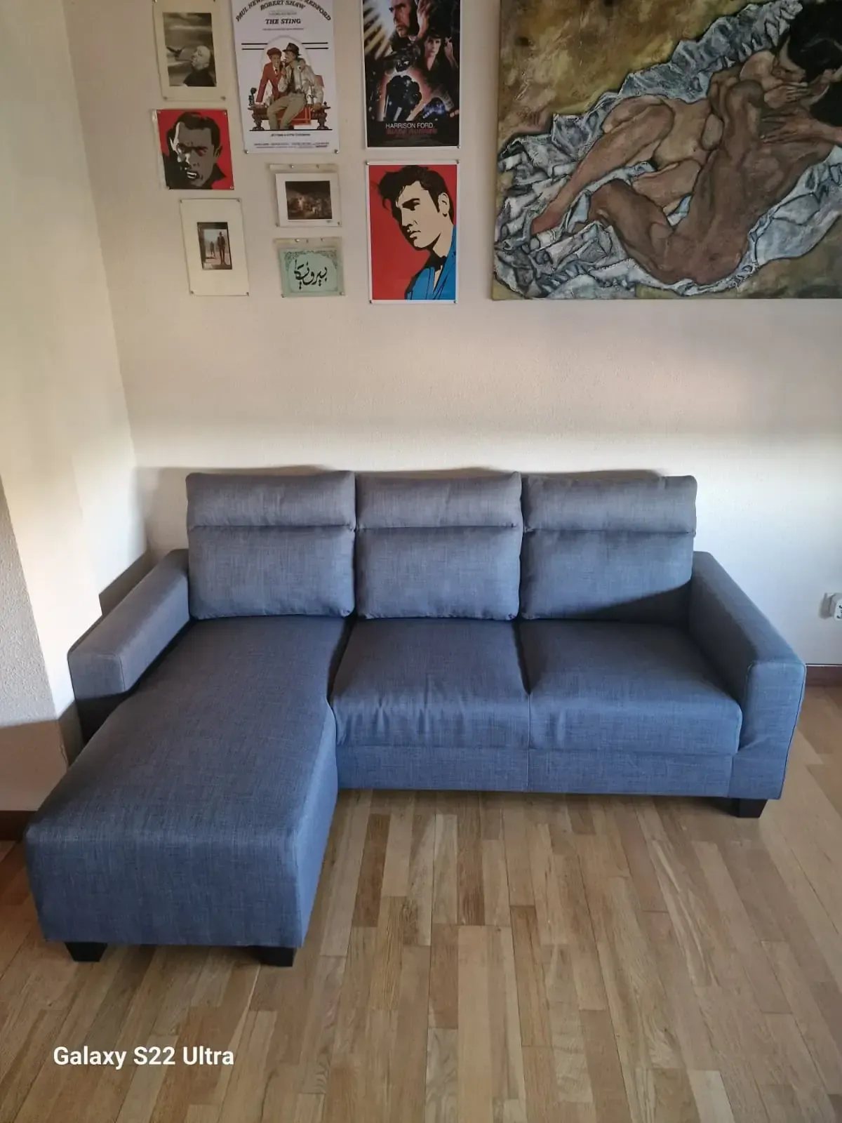 Sofá seccional azul en una sala de estar con arte en la pared y piso de madera.