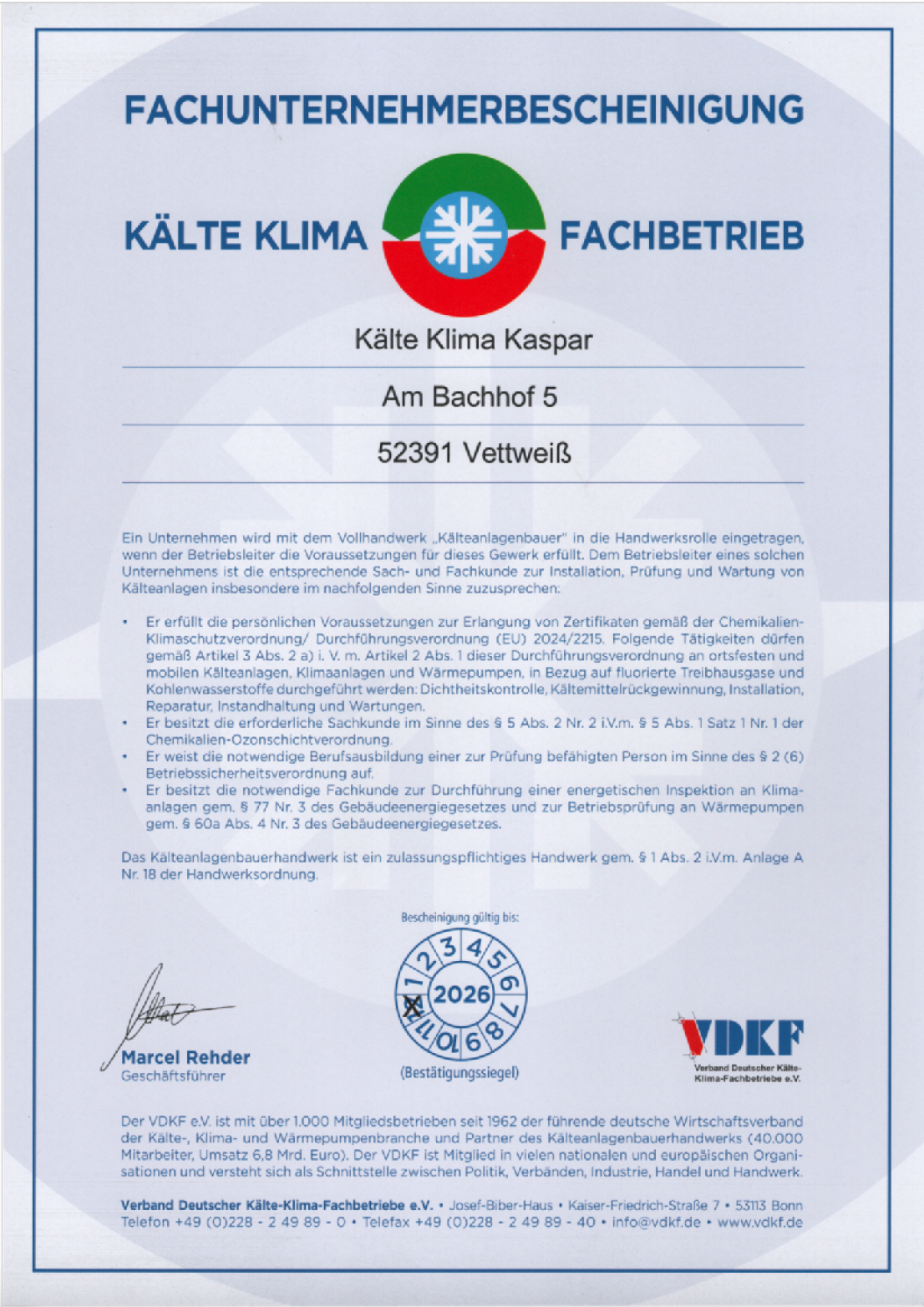 Auf weißem Grund befindet sich eine Urkunde des VDKF.