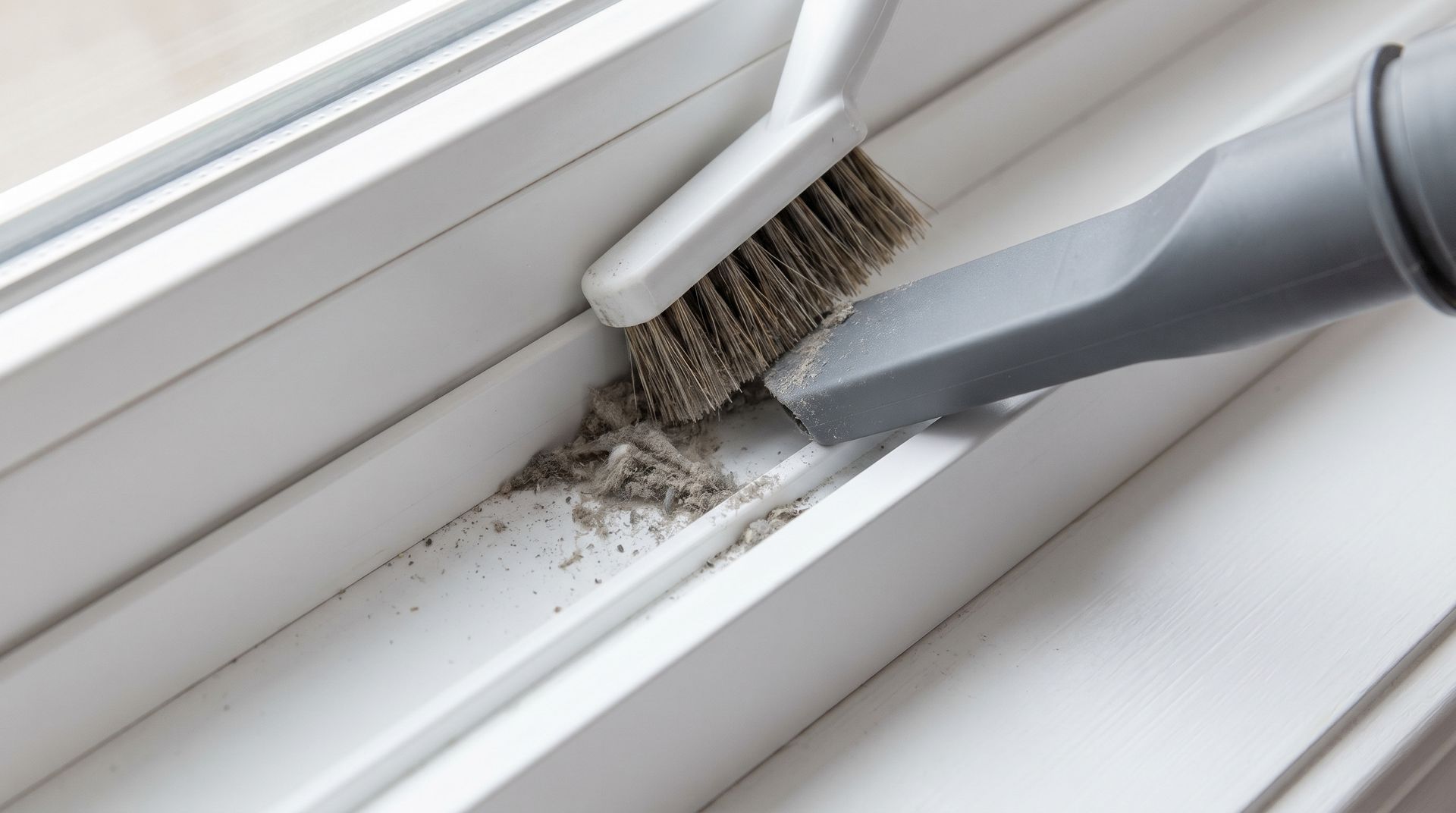 Behandschuhte Hände wischen mit einem blauen Tuch eine Fensterschiene in der Nähe einer Glasschiebetür ab.