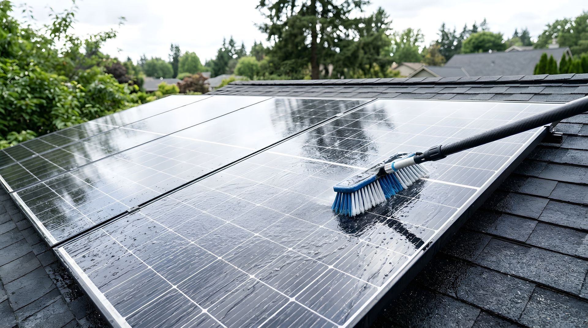 Reinigungswerkzeug für Solarpaneele auf einem Dach, mit Stange und Schlauch über dunkelblaue Paneele.