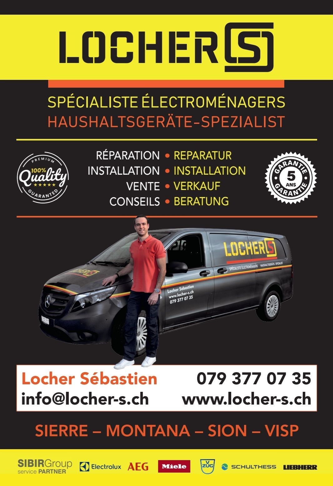 Publicité pour Locher, spécialiste en électroménager, avec un homme près d'une camionnette. Comprend les coordonnées et la liste des services proposés.