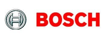 Logo Bosch avec un emblème argenté et un texte rouge.
