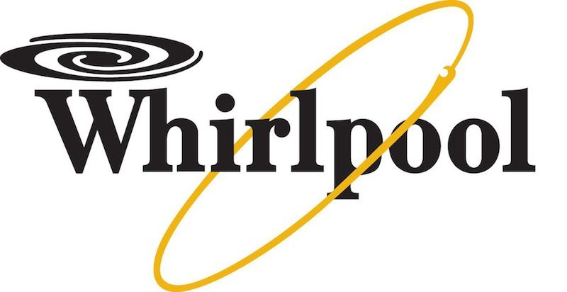 Logo Whirlpool : mot-symbole noir, un motif tourbillonnant au-dessus et un ovale doré autour du mot.