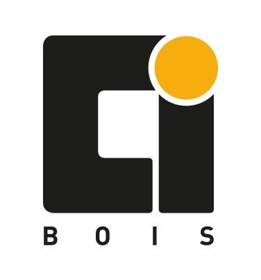 Logo carré noir avec une découpe, un cercle orange et le texte « BOIS » en dessous.