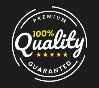 Cercle noir avec le texte « Qualité Premium 100% Garantie » en blanc et jaune, et cinq étoiles jaunes.