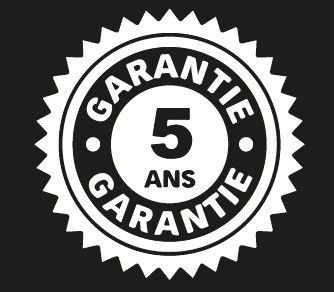 Sceau de garantie circulaire blanc et noir avec la mention « GARANTIE 5 ANS GARANTIE ».