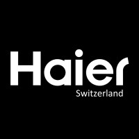 Logo Haier : texte blanc sur fond noir, « Haier » au-dessus de « Suisse ».