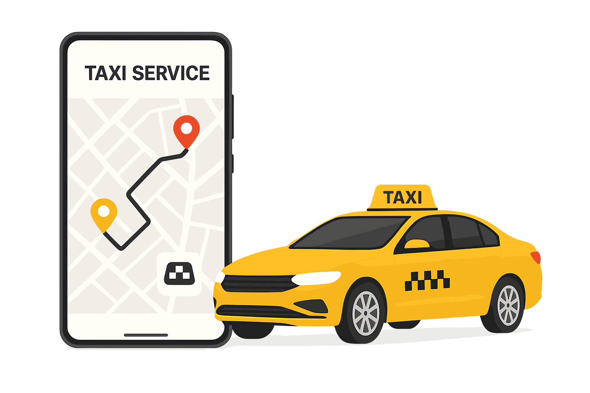Un taxi jaune à côté d'un téléphone affichant l'itinéraire d'une application de navigation de taxi.