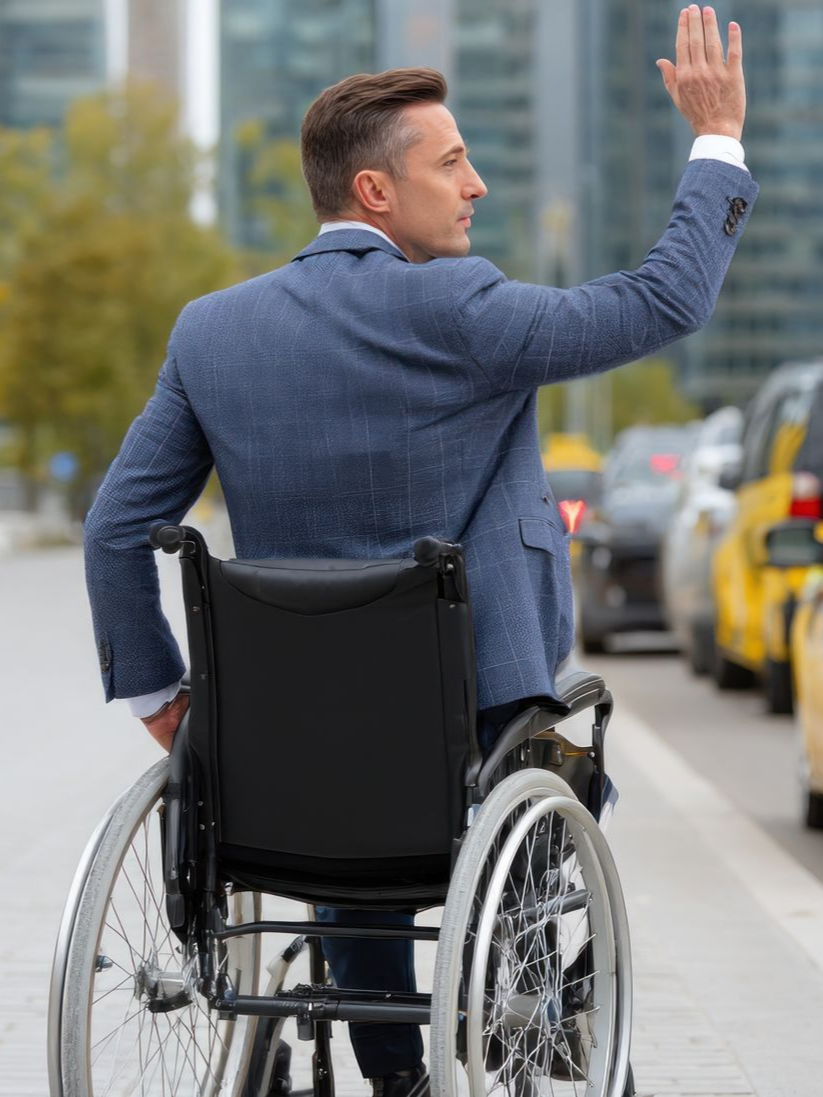 Un homme en fauteuil roulant hèle un taxi dans une rue de la ville. Des taxis jaunes sont visibles en arrière-plan.