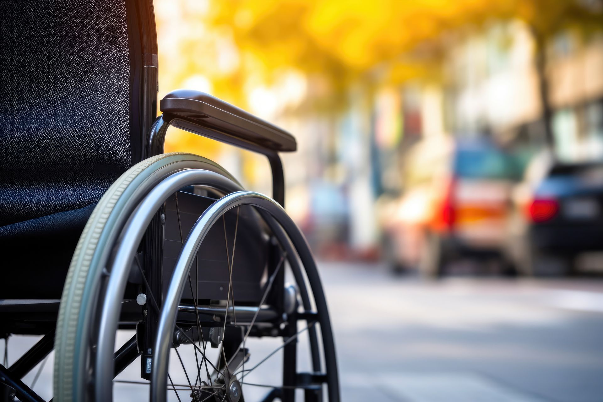 Fauteuil roulant dans une rue de la ville, arrière-plan flou avec des voitures et la lumière du soleil.