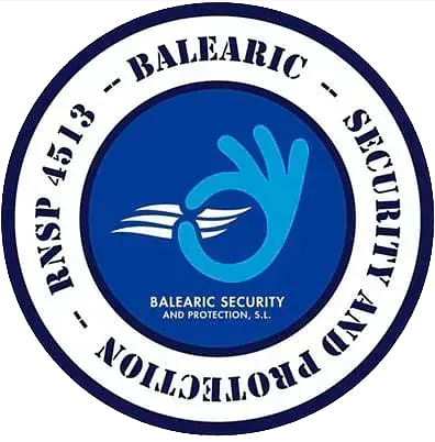 El logotipo de seguridad y protección balear es un círculo azul con una mano en el centro.