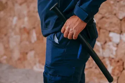 Un hombre con una chaqueta azul sostiene un bate en su bolsillo.
