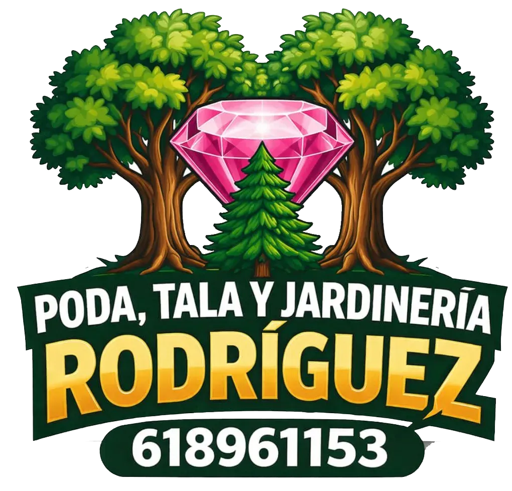 Logotipo de Rodriguez Pruning, Felling, and Gardening con dos árboles, un diamante rosa, un pino y el número de teléfono 618961153.