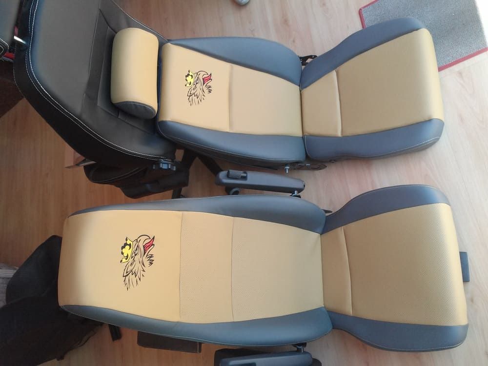 Un par de asientos de coche con un león en ellos.
