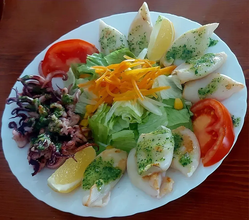 Un plato de calamares y tentáculos a la parrilla, aderezados con hierbas aromáticas, servido con lechuga fresca, zanahorias ralladas y rodajas de tomate.