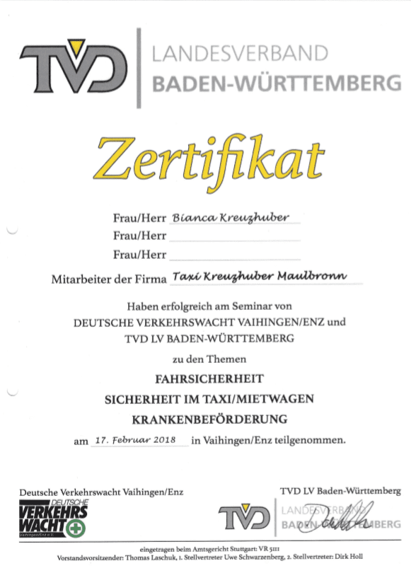TVD-Zertifikat für Taxi Bianca Kreuzhuber zu Fahrsicherheit