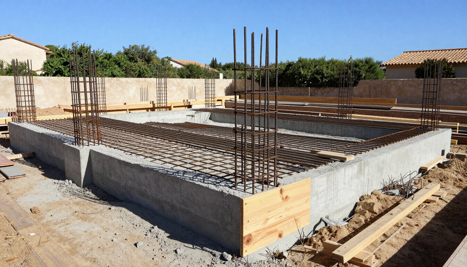Cimientos de hormigón para una casa en construcción con barras de refuerzo expuestas en un terreno soleado.