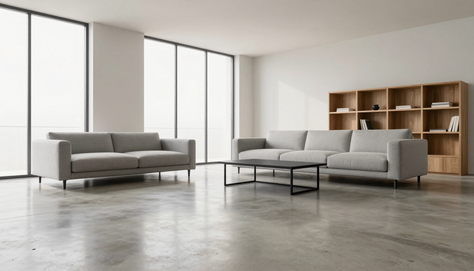 Sala de estar moderna con sofás grises, mesa de centro baja y estanterías de madera junto a ventanas altas.