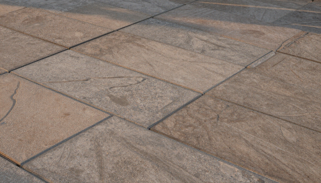Primer plano de un pavimento de piedra de color beige y gris con grandes adoquines rectangulares y juntas visibles.