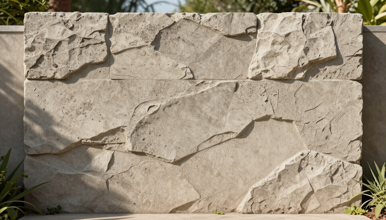 Muro de piedra con una superficie rugosa de textura beige y un patrón de rocas irregular en el exterior.