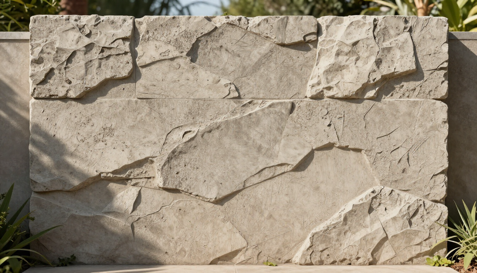 Muro de piedra con una superficie rugosa de textura beige y un patrón de rocas irregular en el exterior.