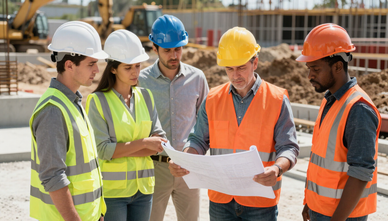 Obreros de la construcción con cascos y chalecos de seguridad revisando planos en una obra.