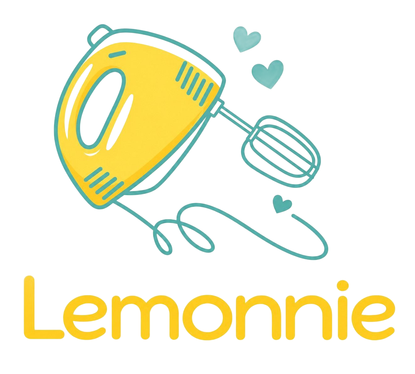 Batidora de mano amarilla con corazones turquesa sobre la palabra «Lemonnie»